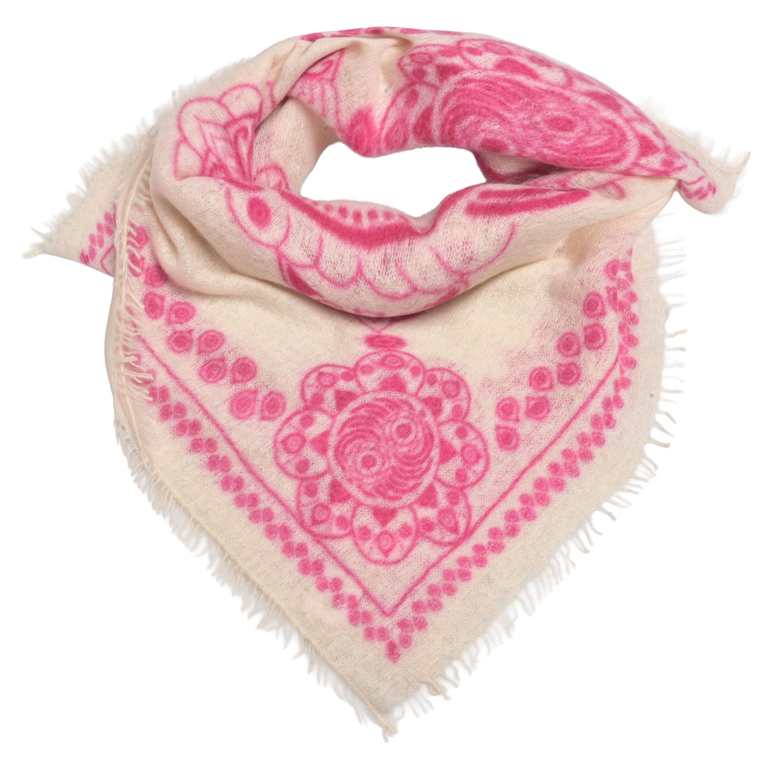 Feines Kaschmir Bandana aus 100% Light Cashmere mit kleinen Fransen und mit aufgedrucktem Ornament Muster in Pink auf Cremefarbenem Hintergrund 
