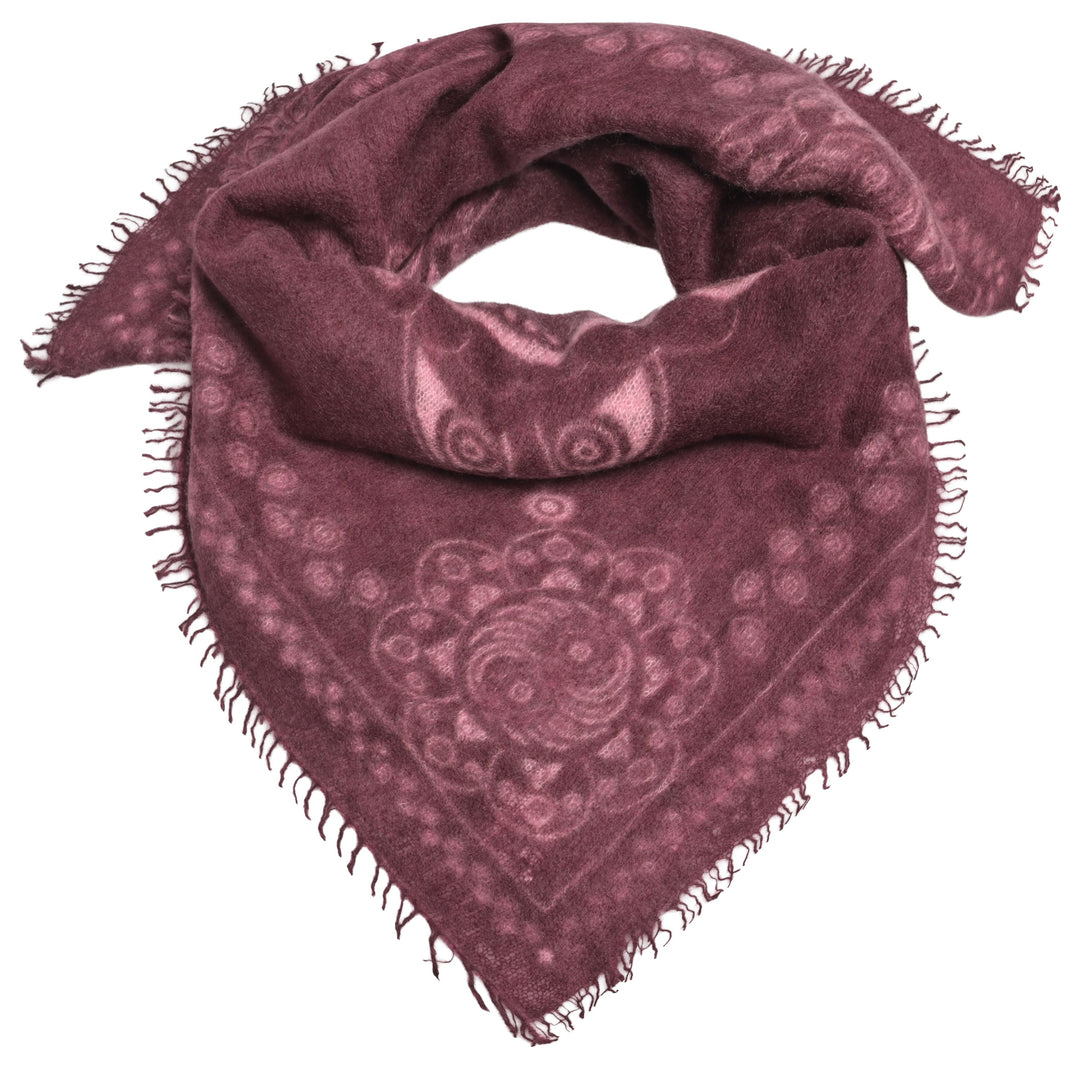 Feines Kaschmir Bandana aus 100% Light Cashmere mit kleinen Fransen und mit aufgedrucktem Ornament Muster in Feige  