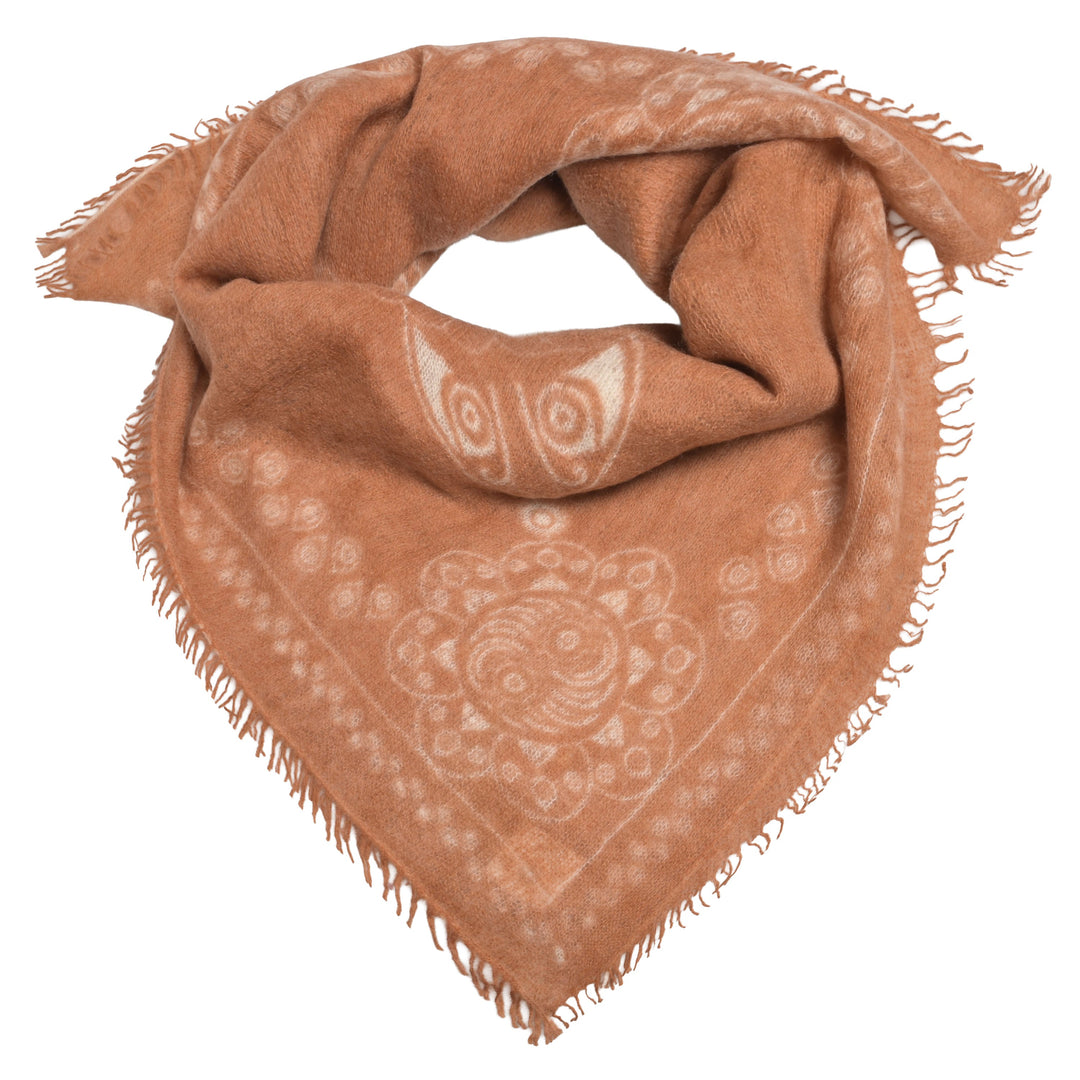 Feines Kaschmir Bandana aus 100% Light Cashmere mit kleinen Fransen und mit aufgedrucktem Ornament Muster in Praline