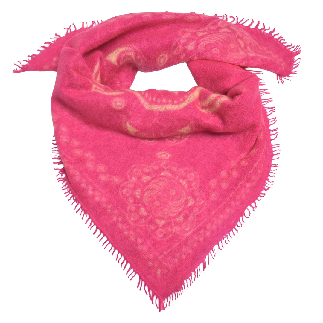Feines Kaschmir Bandana aus 100% Light Cashmere mit kleinen Fransen und mit aufgedrucktem Ornament Muster in Raspberry 