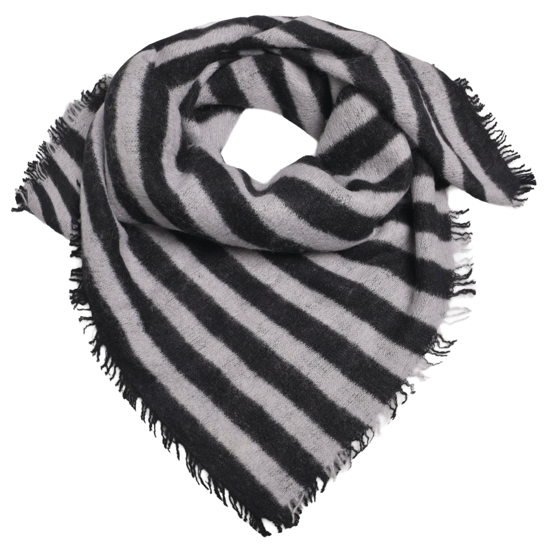 Quaratisches Kaschmir-Bandana mit Streifenmuster und kleinen Fransen aus 100% Light Cashmere in Schwarz und Grau