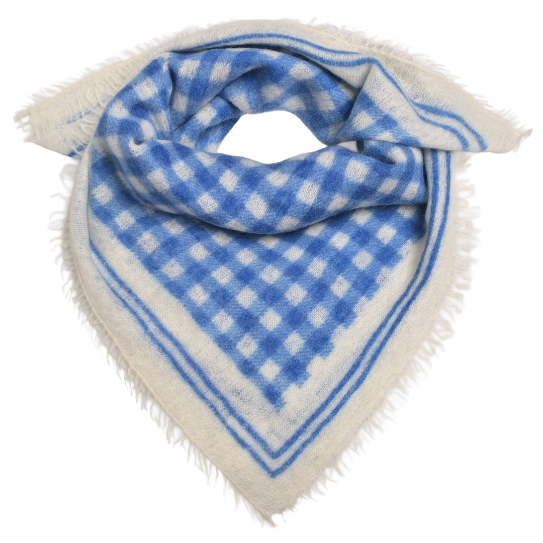 Kaschmir-Bandana „Vichy“ aus 100 % Kaschmir in Arctic Blau mit aufgedrucktem Vichy-Karo Streifenmuster in der Größe 65 x 65 cm von cute stuff