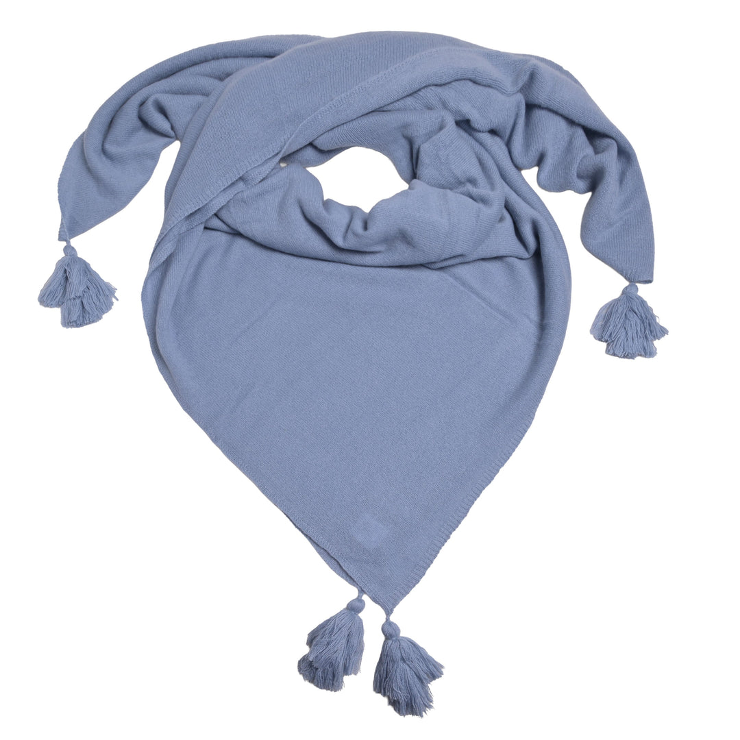  XL-Kaschmirtuch Mia in Denim aus 100 % Kaschmir, 140 x 140 cm, mit dekorativen Bommeln an allen vier Ecken