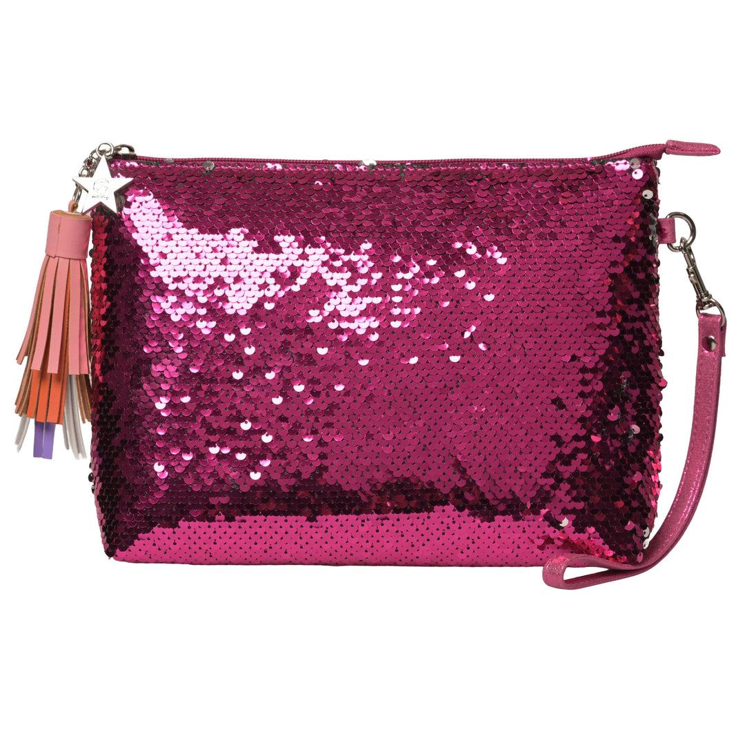 Kleine pinke Damentasche mit glitzernden Pailletten, Pompom-Anhänger und abnehmbarem Trageriemen, nutzbar als Cosmetic Bag oder Clutch von cute stuff