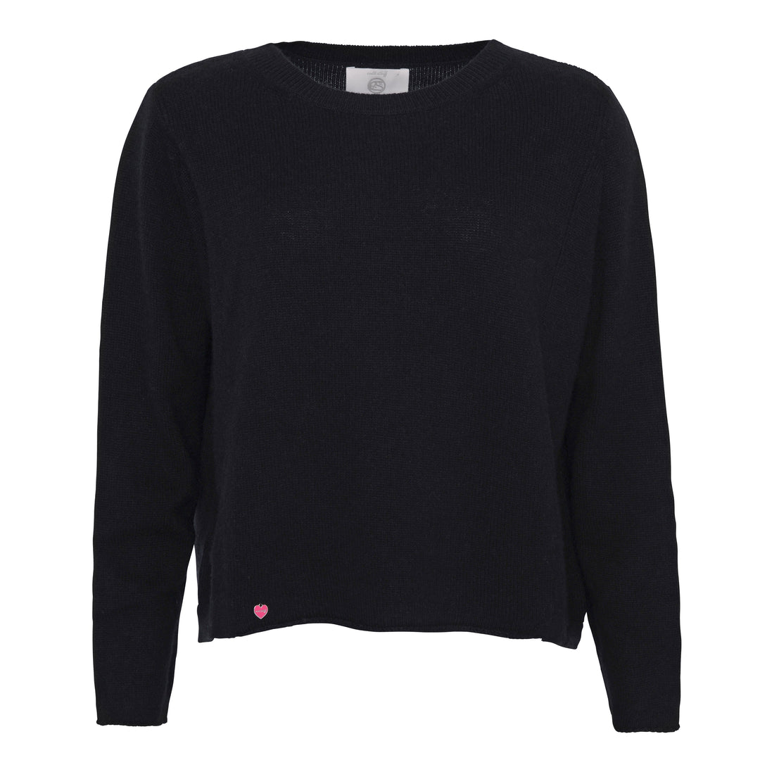 Damen-Kaschmirpullover Jacky-cs in Schwarz aus 100 % Kaschmir, locker geschnitten im Sweater-Stil mit Rundhalsausschnitt und verstärkten Ärmelbündchen.
