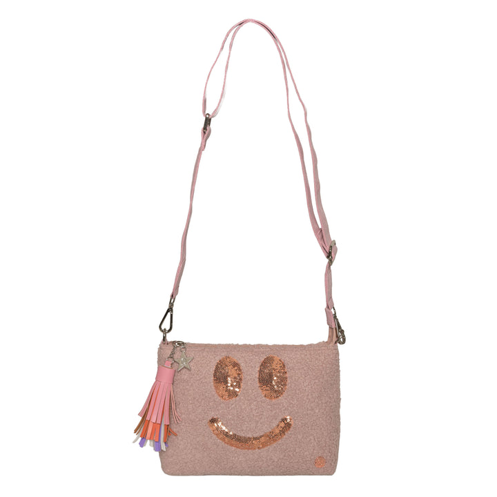 Kleine Damentasche mit glitzerndem Pailletten-Smiley und Teddyfell in Misty Pink, Pompom-Anhänger und abnehmbarem Trageriemen, nutzbar als Cosmetic Bag oder Clutch von cute stuff