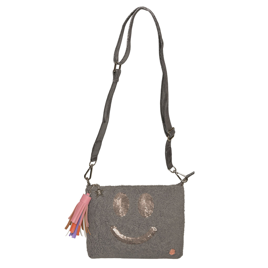 Kleine Damentasche mit glitzerndem Pailletten-Smiley und Teddyfell in Grau, Pompom-Anhänger und abnehmbarem Trageriemen, nutzbar als Cosmetic Bag oder Clutch von cute stuff