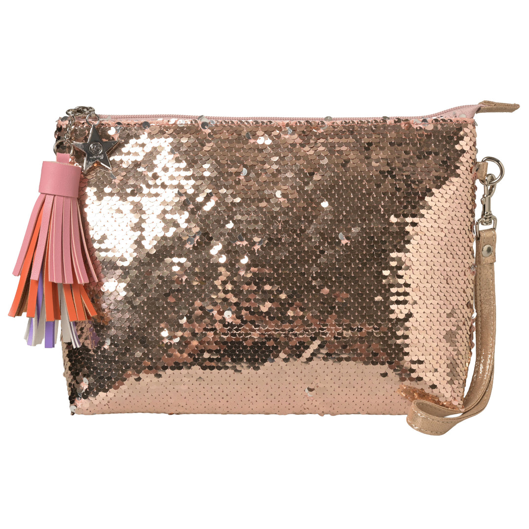 Goldene kleine Damentasche mit glitzernden Pailletten, Pompom-Anhänger und abnehmbarem Trageriemen, nutzbar als Cosmetic Bag oder Clutch von cute stuff