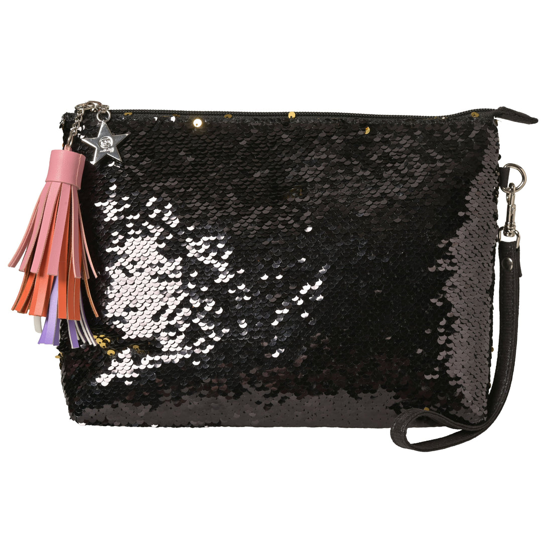 Kleine schwarze Damentasche mit glitzernden Pailletten, Pompom-Anhänger und abnehmbarem Trageriemen, nutzbar als Cosmetic Bag oder Clutch von cute stuff