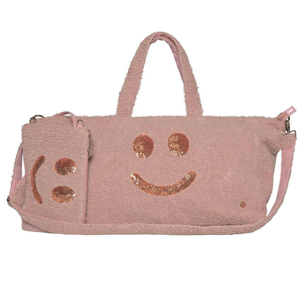 XL Tasche mit Teddyfell und Pailletten-Smiley-Applikation und heraus nehmbarer Extra-Clutch, ideal als Sporttasche, Strandtasche oder Reisetasche in der Farbe Misty Pink