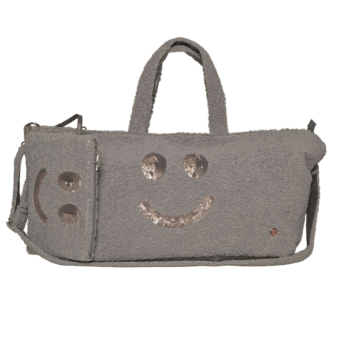 XL Tasche mit Teddyfell und Pailletten-Smiley-Applikation und heraus nehmbarer Extra-Clutch, ideal als Sporttasche, Strandtasche oder Reisetasche in der Farbe Grau