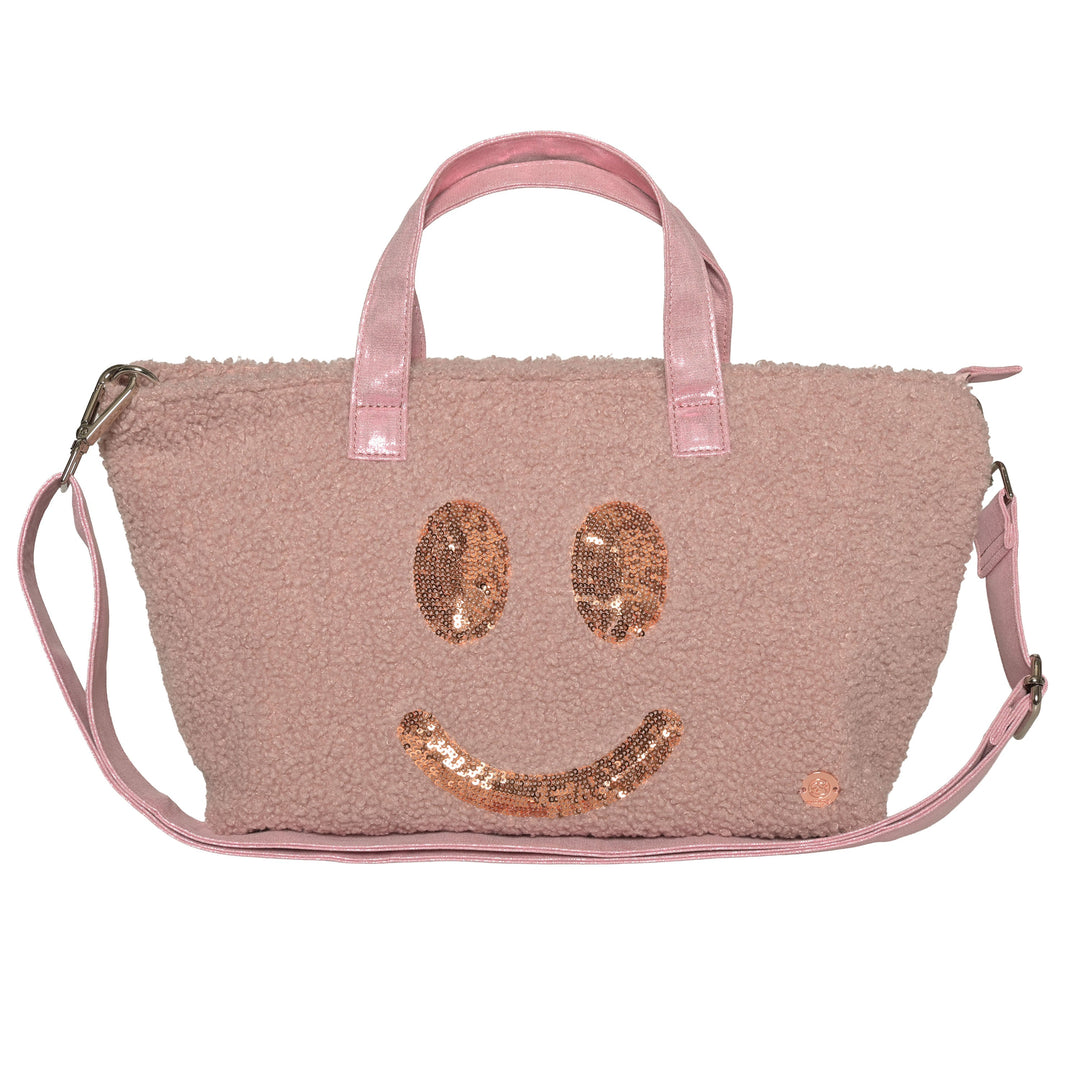 Praktischer Shopper für Damen in Misty Pink mit Teddyfell und schimmerndem Pailletten-Smiley, Tragehenkeln und abnehmbarem Schultergurt von cute stuff