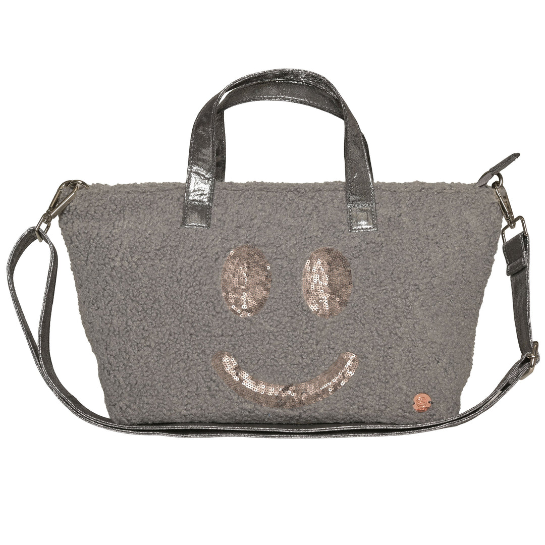 Praktischer Shopper für Damen in Grau mit Teddyfell und schimmerndem Pailletten-Smiley, Tragehenkeln und abnehmbarem Schultergurt von cute stuff