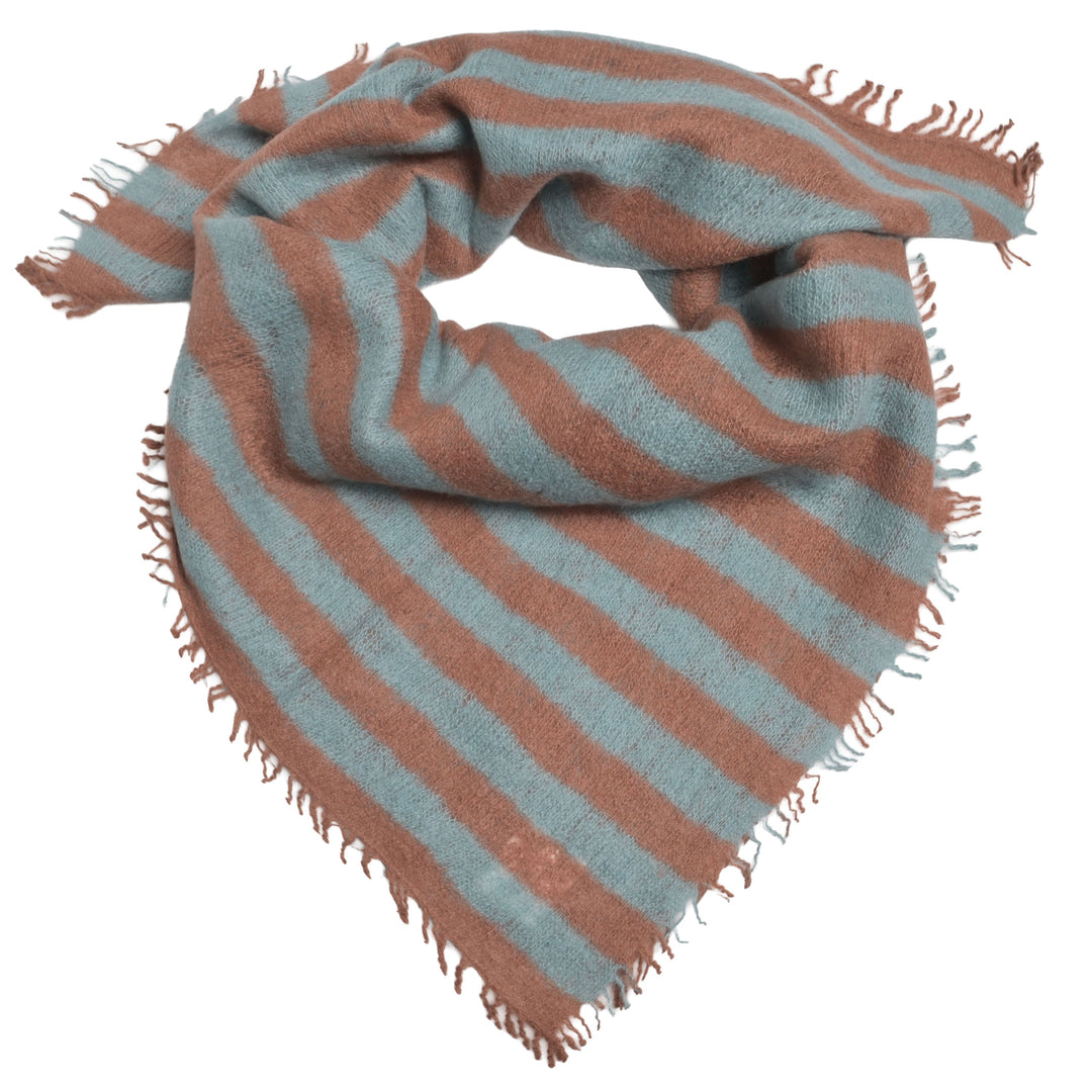 Quaratisches Kaschmir-Bandana mit Streifen und kleinen Fransen aus 100% Light Cashmere in Hazelnut Braun und Ice Blue