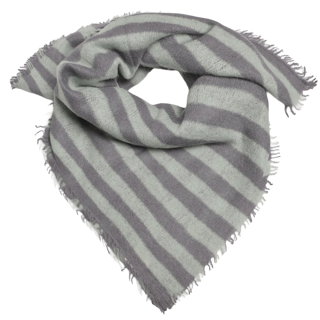 Quaratisches Kaschmir-Bandana mit Streifen und kleinen Fransen aus 100% Light Cashmere in Sage Tea und Grau