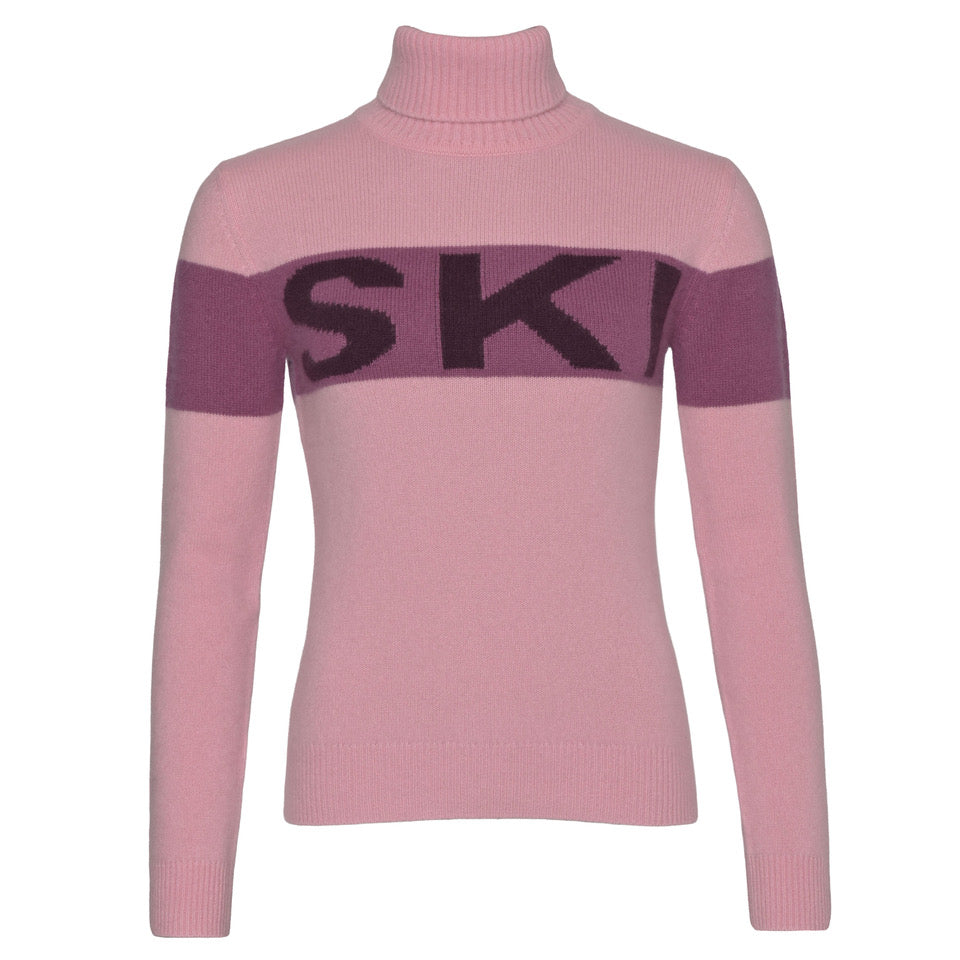Kaschmirpullover „Ski-cs“ aus 100 % Kaschmir in Zuckerwatte mit Rollkragen, gerippten Bündchen und eingestricktem Ski-Schriftzug von cute stuff
