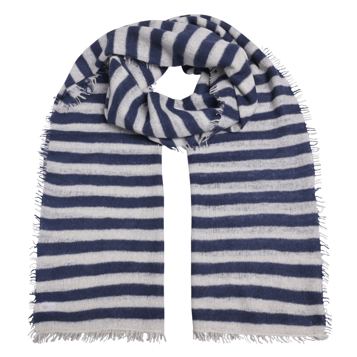 Kaschmirschal für Damen und Männer mit Streifen in Nachtblau und Creme mit kleinen Fransen aus 100% Light Cashmere 