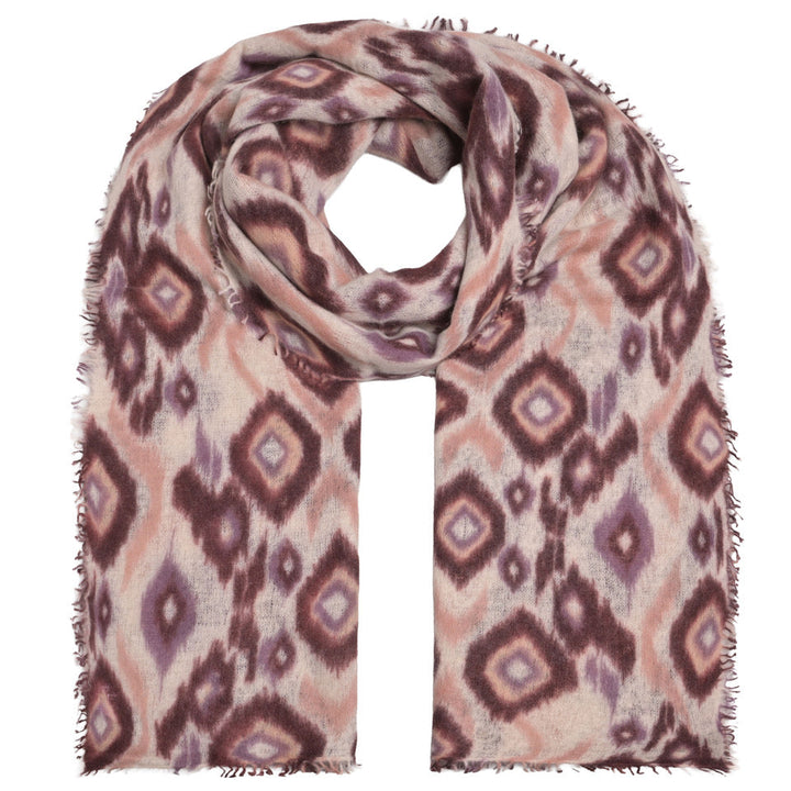 Kaschmir-Schal „Ikat-cs“ aus 100 % Kaschmir in Creme mit geometrischem Ikat-Muster, Rauten und kleinen Fransen von cute stuff