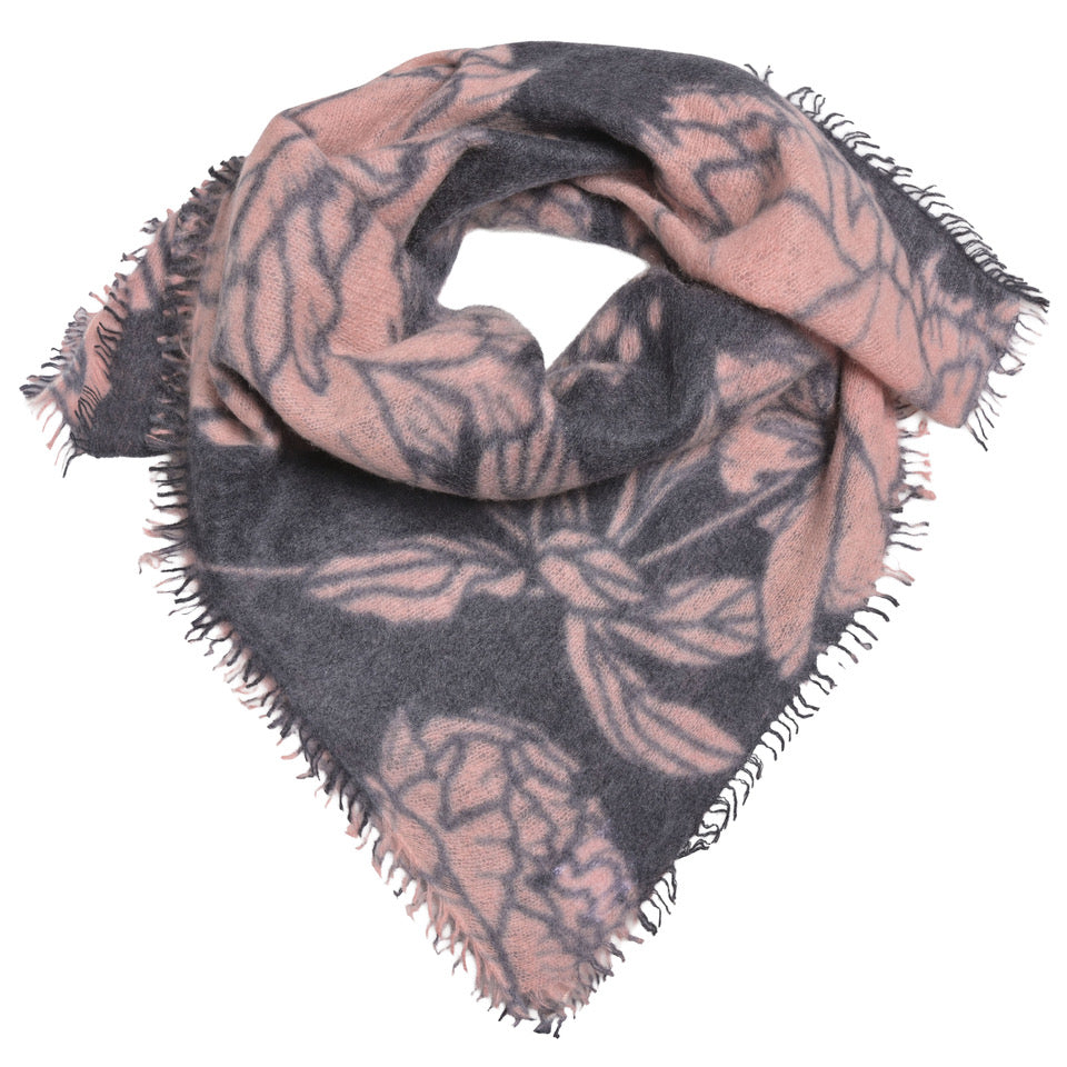 Kaschmir-Bandana „Dahlia-cs“ aus 100 % Kaschmir mit kleinen Fransen in Schwarz und mehrfarbigem Blumenprint von cute stuff