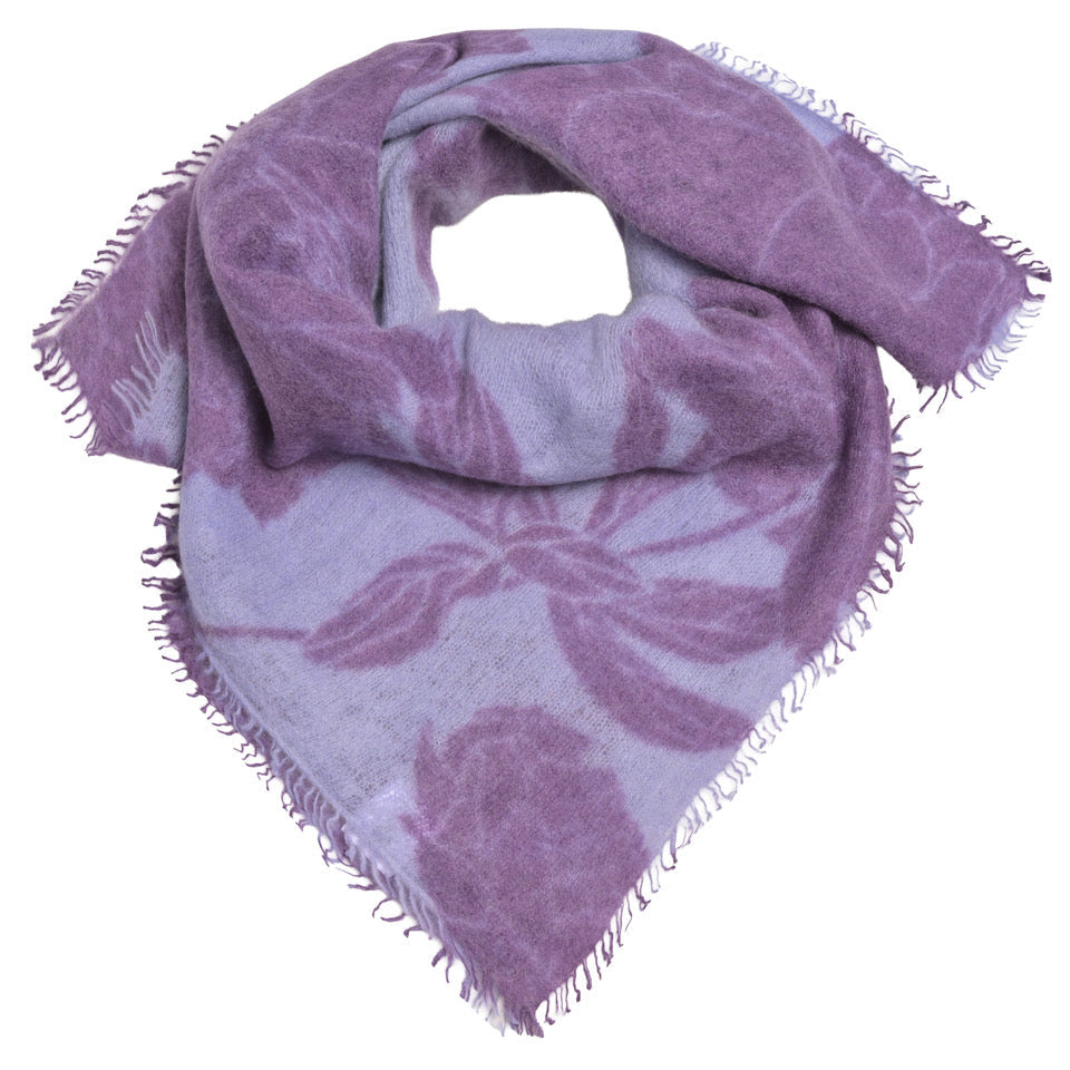 Kaschmir-Bandana „Dahlia-cs“ aus 100 % Kaschmir mit kleinen Fransen in Lavender und mehrfarbigem Blumenprint von cute stuff
