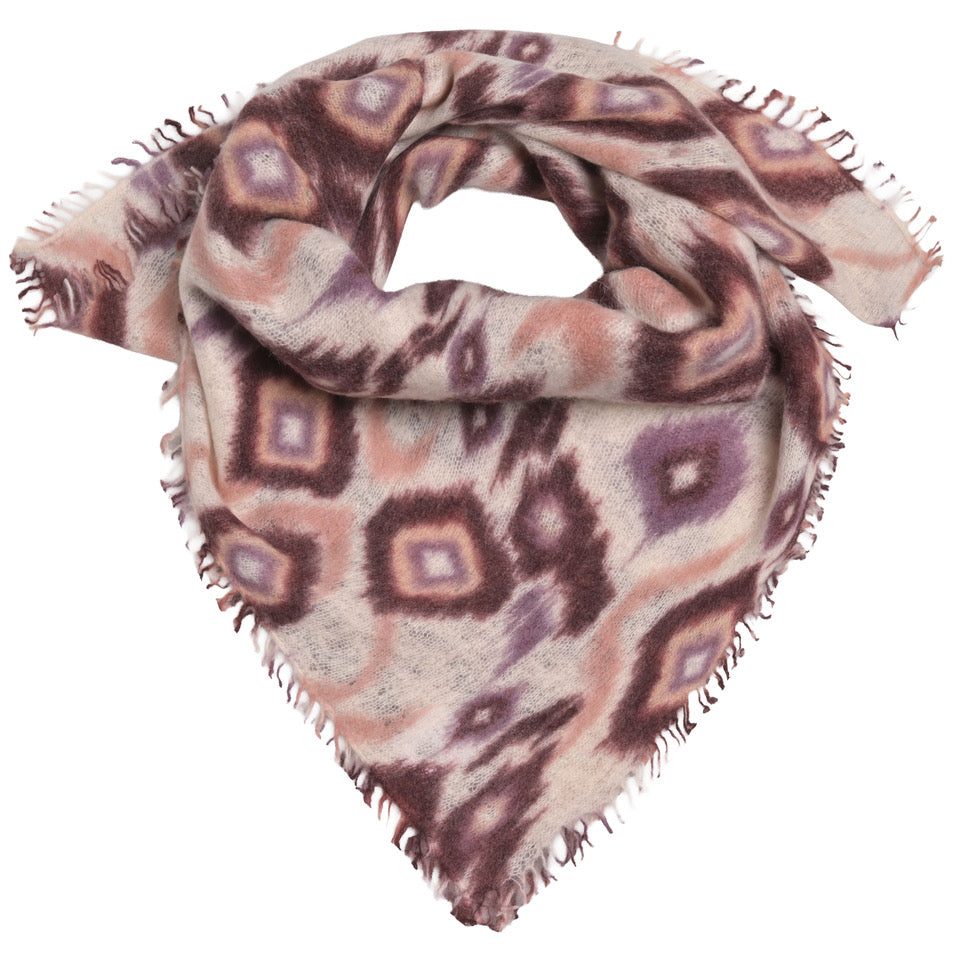 Kaschmir-Bandana „Ikat1-cs“ aus 100 % Kaschmir mit kleinen Fransen in Creme und mehrfarbigem geometrischem Ikat-Muster von cute stuff