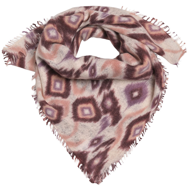 Kaschmir-Bandana „Ikat1-cs“ aus 100 % Kaschmir mit kleinen Fransen in Creme und mehrfarbigem geometrischem Ikat-Muster von cute stuff
