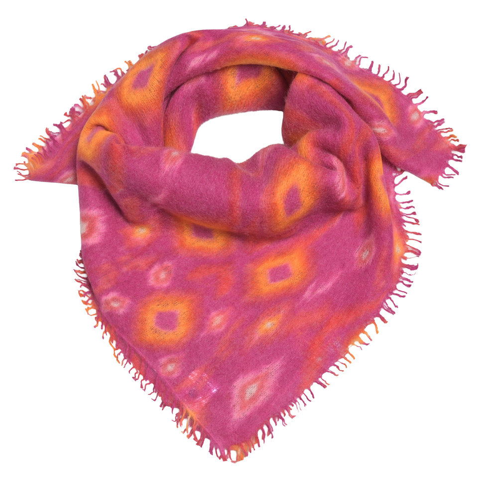 Kaschmir-Bandana „Ikat1-cs“ aus 100 % Kaschmir mit kleinen Fransen in Pink und mehrfarbigem geometrischem Ikat-Muster von cute stuff