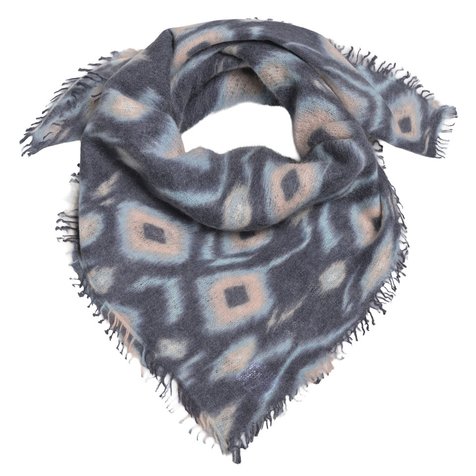 Kaschmir-Bandana „Ikat1-cs“ aus 100 % Kaschmir mit kleinen Fransen in Nachtblau und mehrfarbigem geometrischem Ikat-Muster von cute stuff