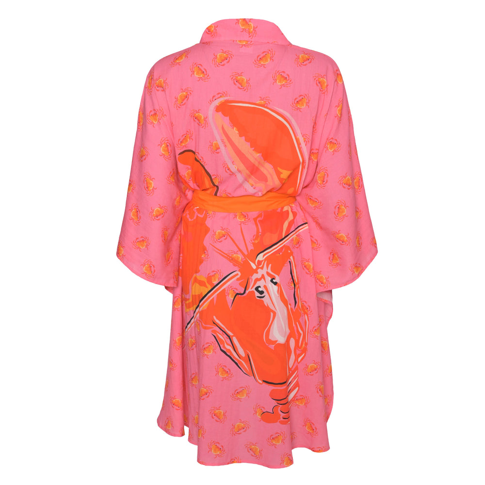 Kimono Catalina‑cs aus 100 % Baumwolle in Pink mit kleinen Krebsen und Lobster‑Motiv auf dem Rücken