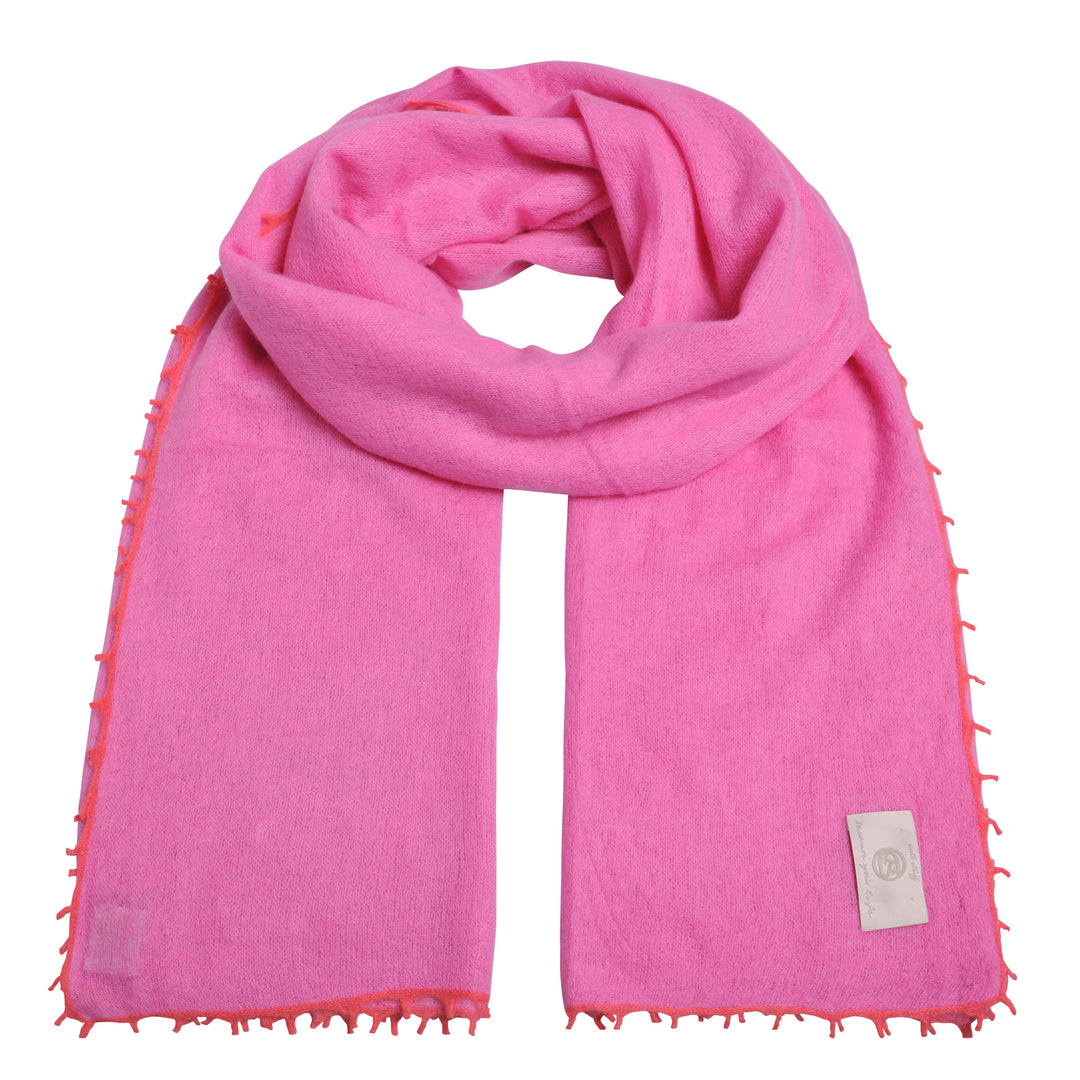 Kaschmirschal  von cute stuff für Damen aus 100% reinem Kaschmir mit Fransen in abgesetzter Farbe, gestrickt und doppelt gefilzt, Farbe Pink