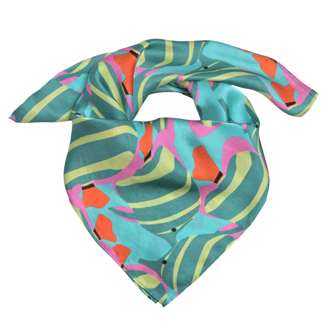 Quadratisches Seidentuch für Damen, 65x65 cm, Bandana aus 100% reiner Seide mit Fisch‑Print in Türkis