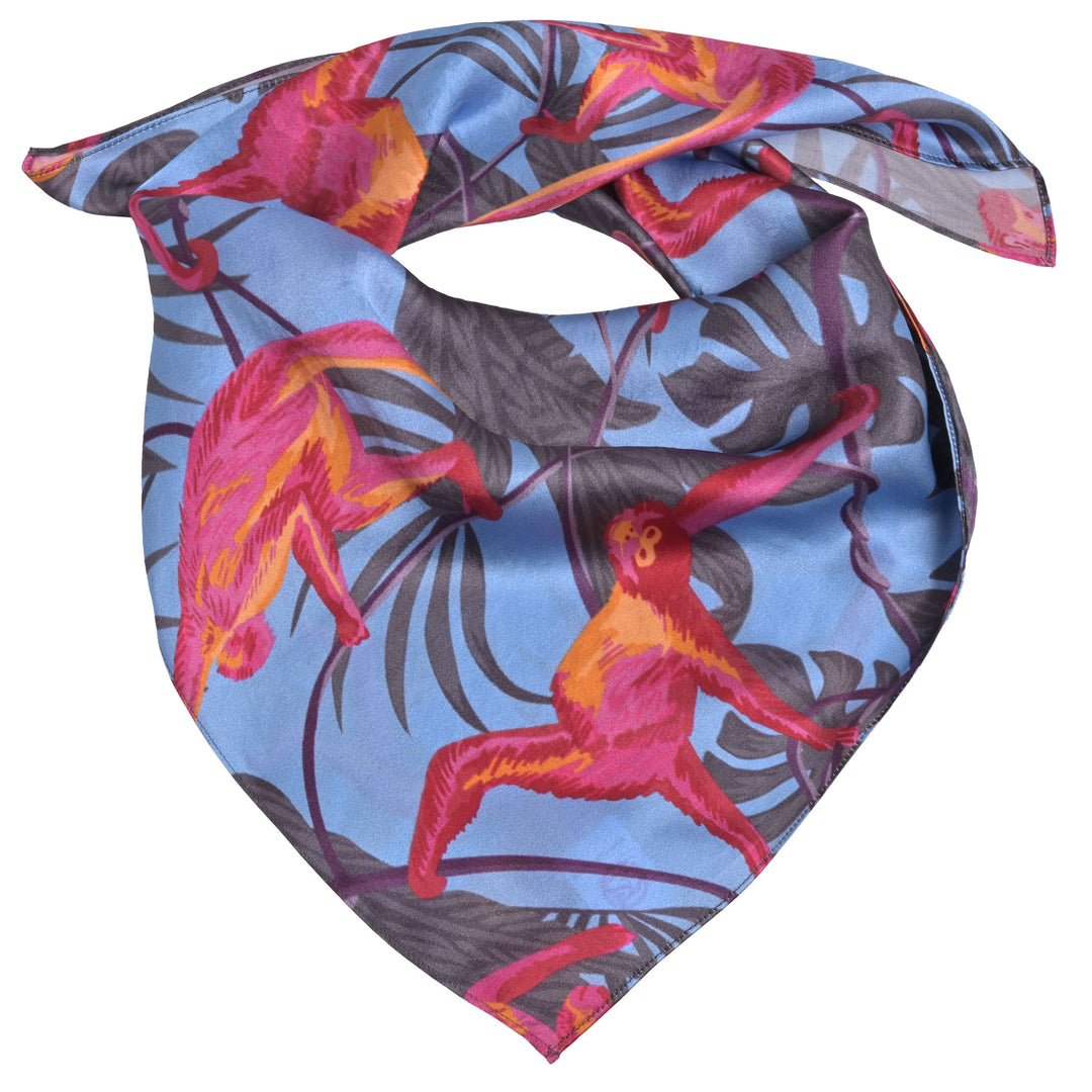 Seidentuch Bandana im Größenformat 65 x 65 cm mit maritimem Monkey‑Motiv aus 100 % Seide in Blau für Damen

