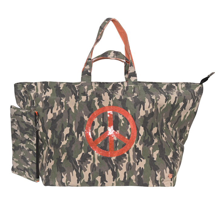 XXL Shopper Camouflage-cs in Olivgrün mit Peace-Zeichen in Neonorange