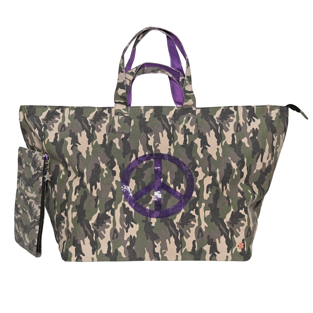 XXL Shopper Camouflage-cs in Olivgrün mit Peace-Zeichen in Neonlila