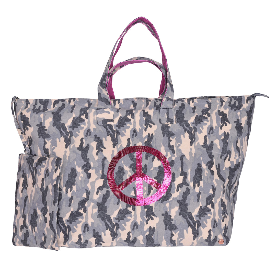 XXL Shopper Camouflage-cs in Grau mit Peace-Zeichen in Pink