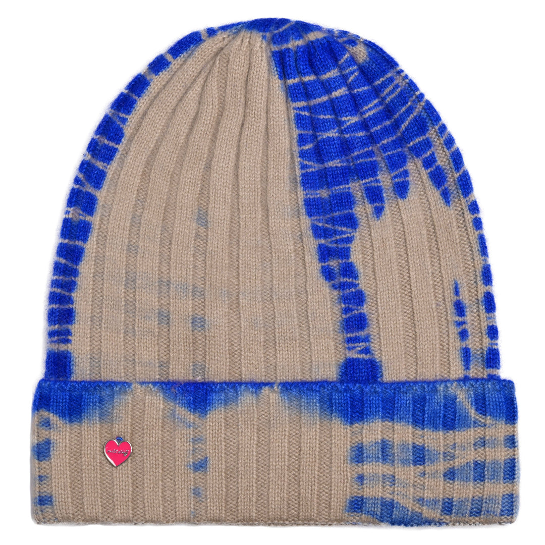 Cashmere Mütze Batik-cs mit Fold in Taupe-Neonblau